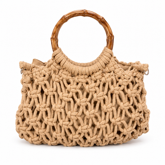 Borsa a Mano Intrecciata Beige con Manico in Bambù