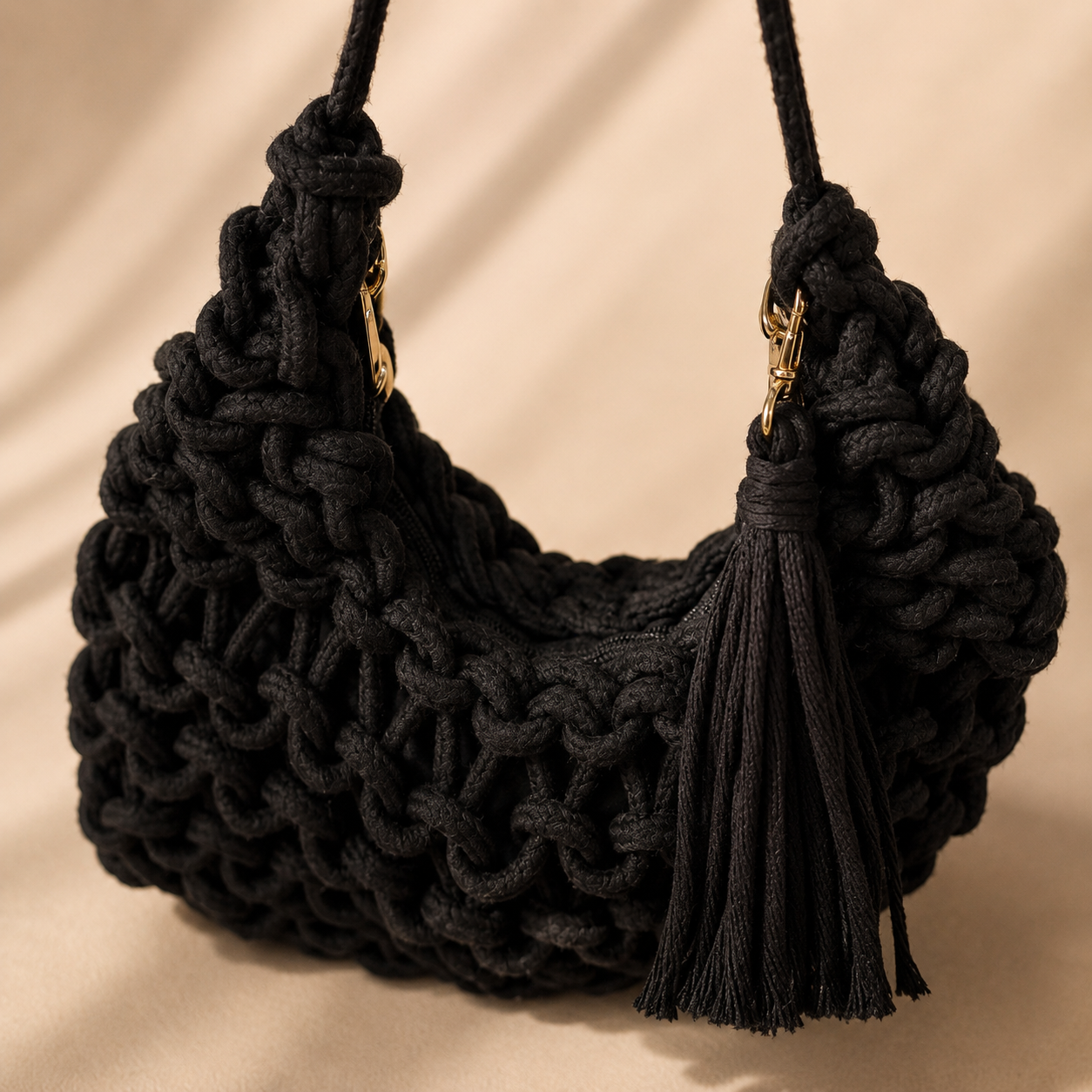 Borsa a Spalla Intrecciata Nera con Nappina