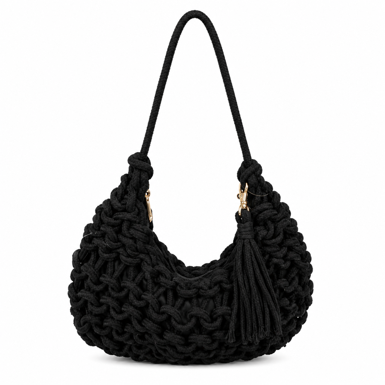 Borsa a Spalla Intrecciata Nera con Nappina