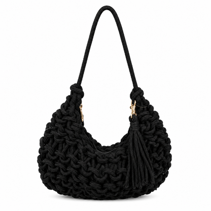 Borsa a Spalla Intrecciata Nera con Nappina