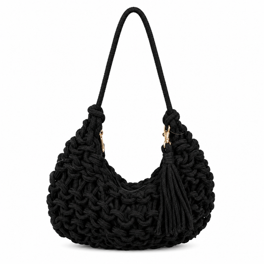 Borsa a Spalla Intrecciata Nera con Nappina