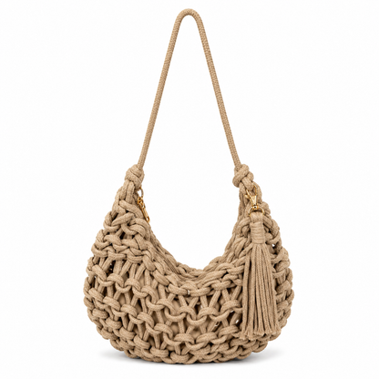 Borsa a Spalla Intrecciata Beige con Nappina
