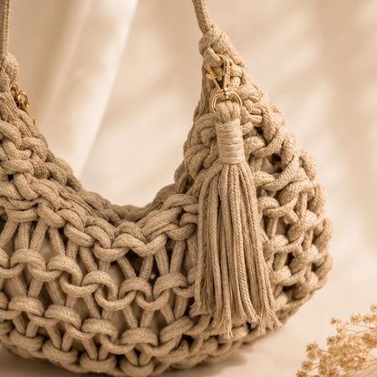 Borsa a Spalla Intrecciata Beige con Nappina