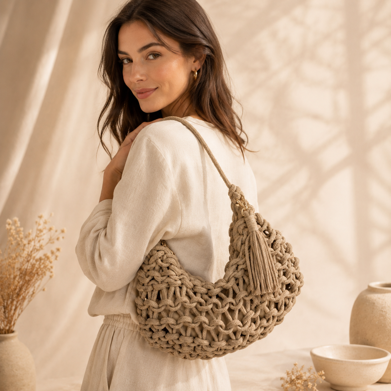 Borsa a Spalla Intrecciata Beige con Nappina