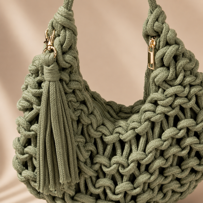 Borsa a Spalla Intrecciata Verde Salvia con Nappina