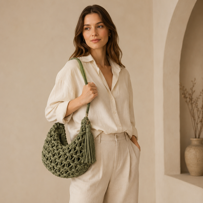 Borsa a Spalla Intrecciata Verde Salvia con Nappina