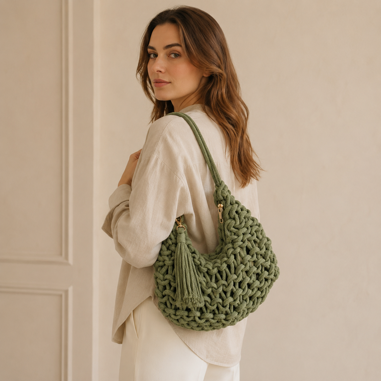 Borsa a Spalla Intrecciata Verde Salvia con Nappina