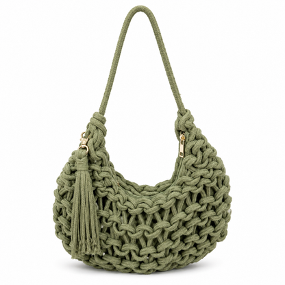 Borsa a Spalla Intrecciata Verde Salvia con Nappina