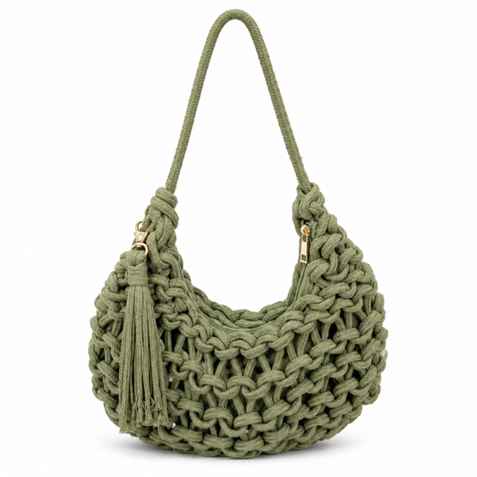 Borsa a Spalla Intrecciata Verde Salvia con Nappina