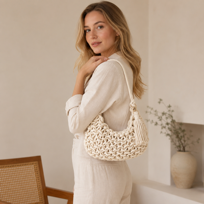 Borsa a Spalla Intrecciata Avorio con Nappina