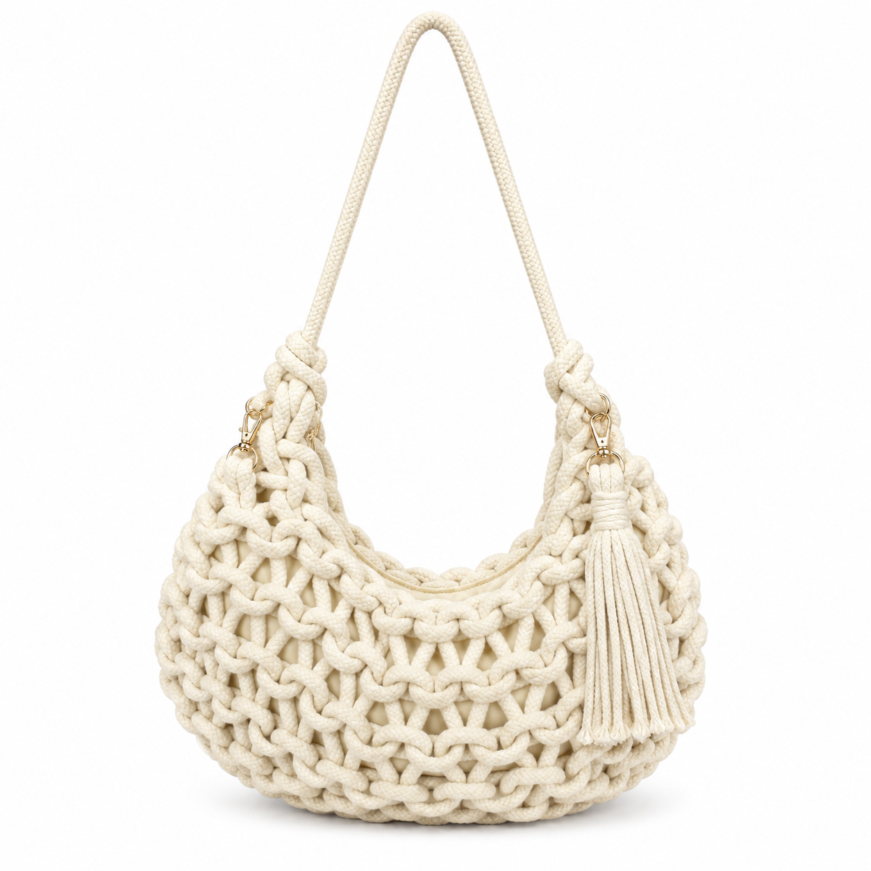Borsa a Spalla Intrecciata Avorio con Nappina