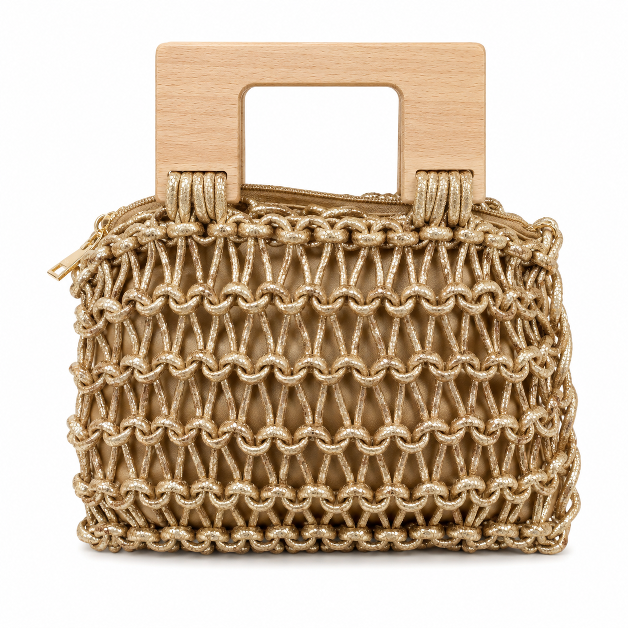 Borsa a Mano Intrecciata Oro Chiaro con Manico in Legno