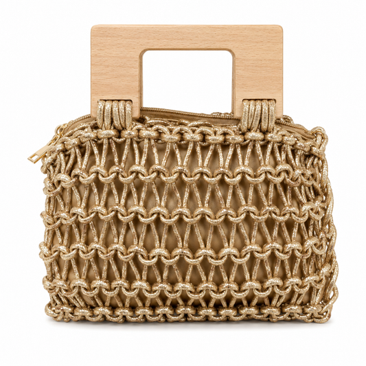 Borsa a Mano Intrecciata Oro Chiaro con Manico in Legno