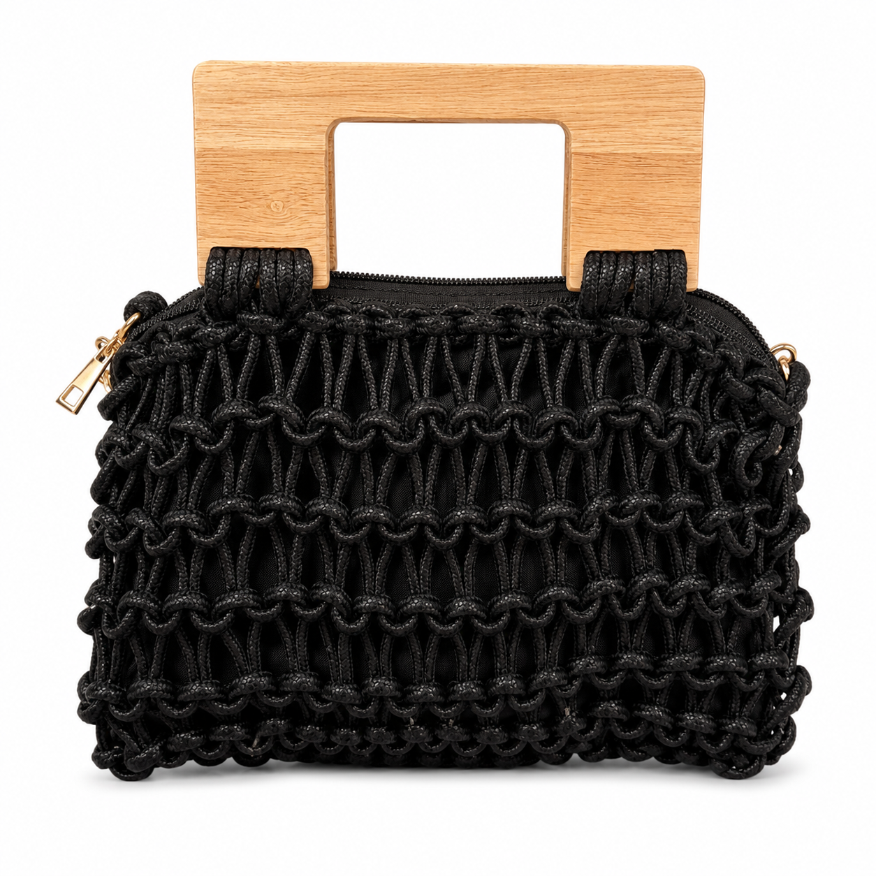 Borsa a Mano Intrecciata Nera con Manico in Legno