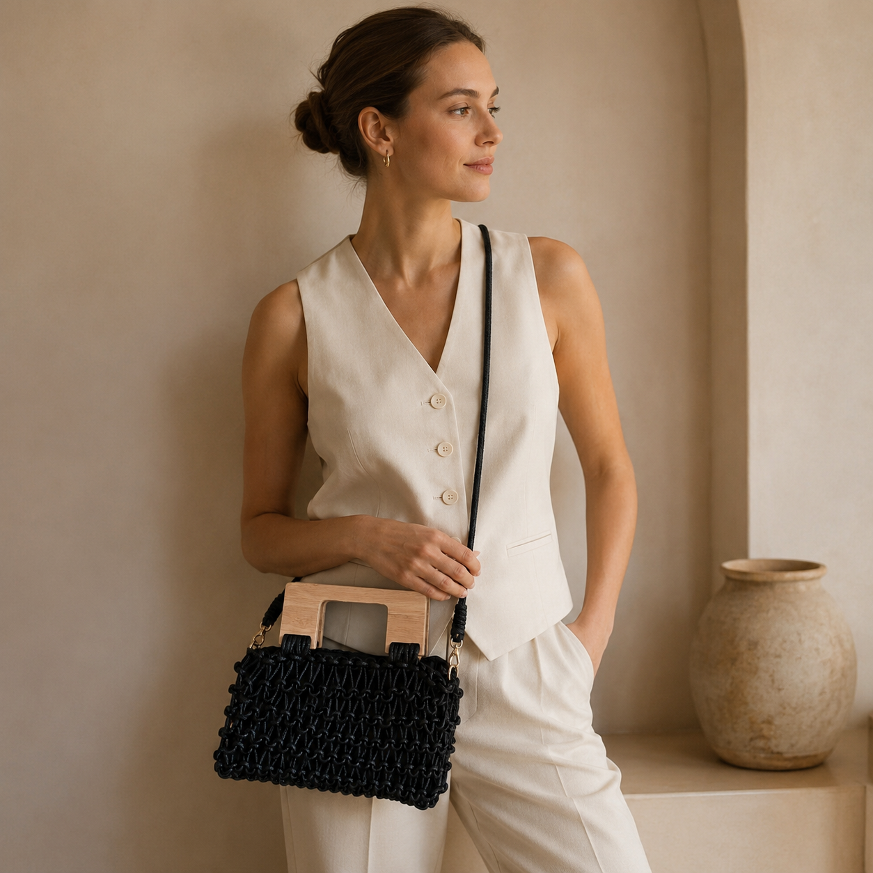 Borsa a Mano Intrecciata Nera con Manico in Legno