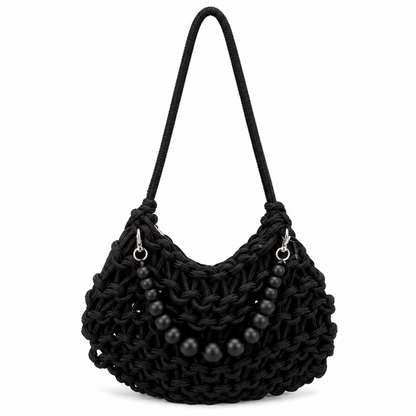 Borsa a Spalla Intrecciata Nera con Decorazione Perle