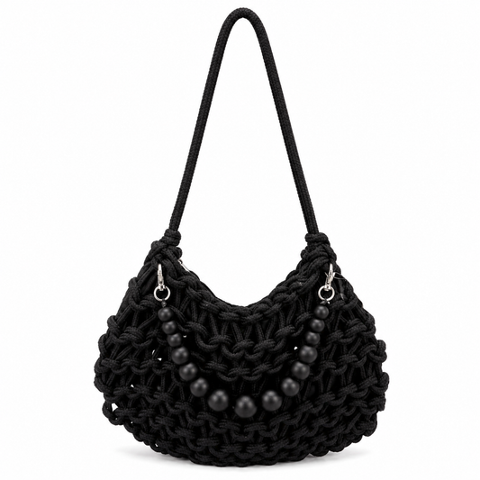 Borsa a Spalla Intrecciata Nera con Decorazione Perle