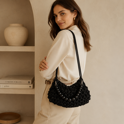 Borsa a Spalla Intrecciata Nera con Decorazione Perle