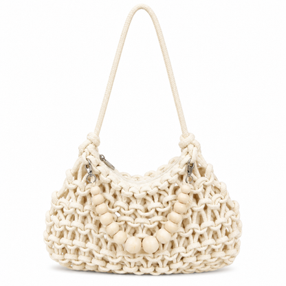 Borsa a Spalla Intrecciata Avorio con Decorazione Perle