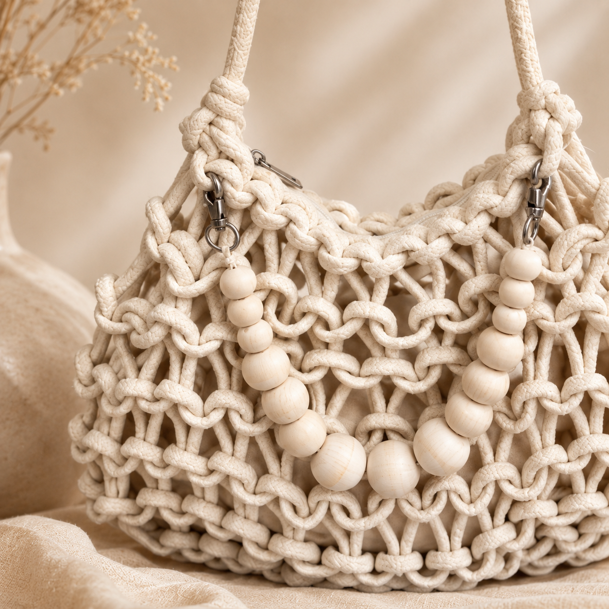 Borsa a Spalla Intrecciata Avorio con Decorazione Perle