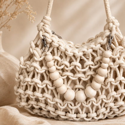 Borsa a Spalla Intrecciata Avorio con Decorazione Perle