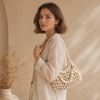 Borsa a Spalla Intrecciata Avorio con Decorazione Perle