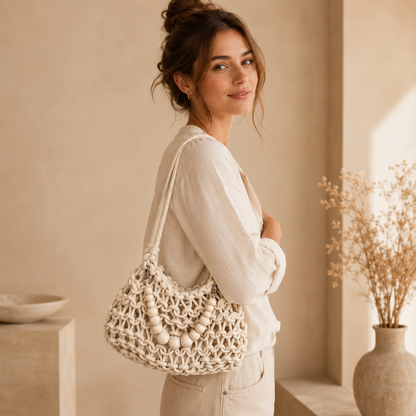 Borsa a Spalla Intrecciata Avorio con Decorazione Perle