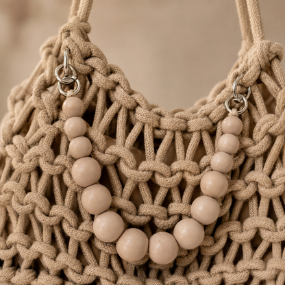 Borsa a Spalla Intrecciata Beige con Decorazione Perle