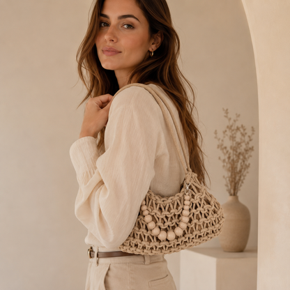 Borsa a Spalla Intrecciata Beige con Decorazione Perle