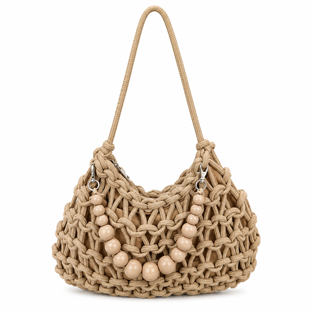 Borsa a Spalla Intrecciata Beige con Decorazione Perle