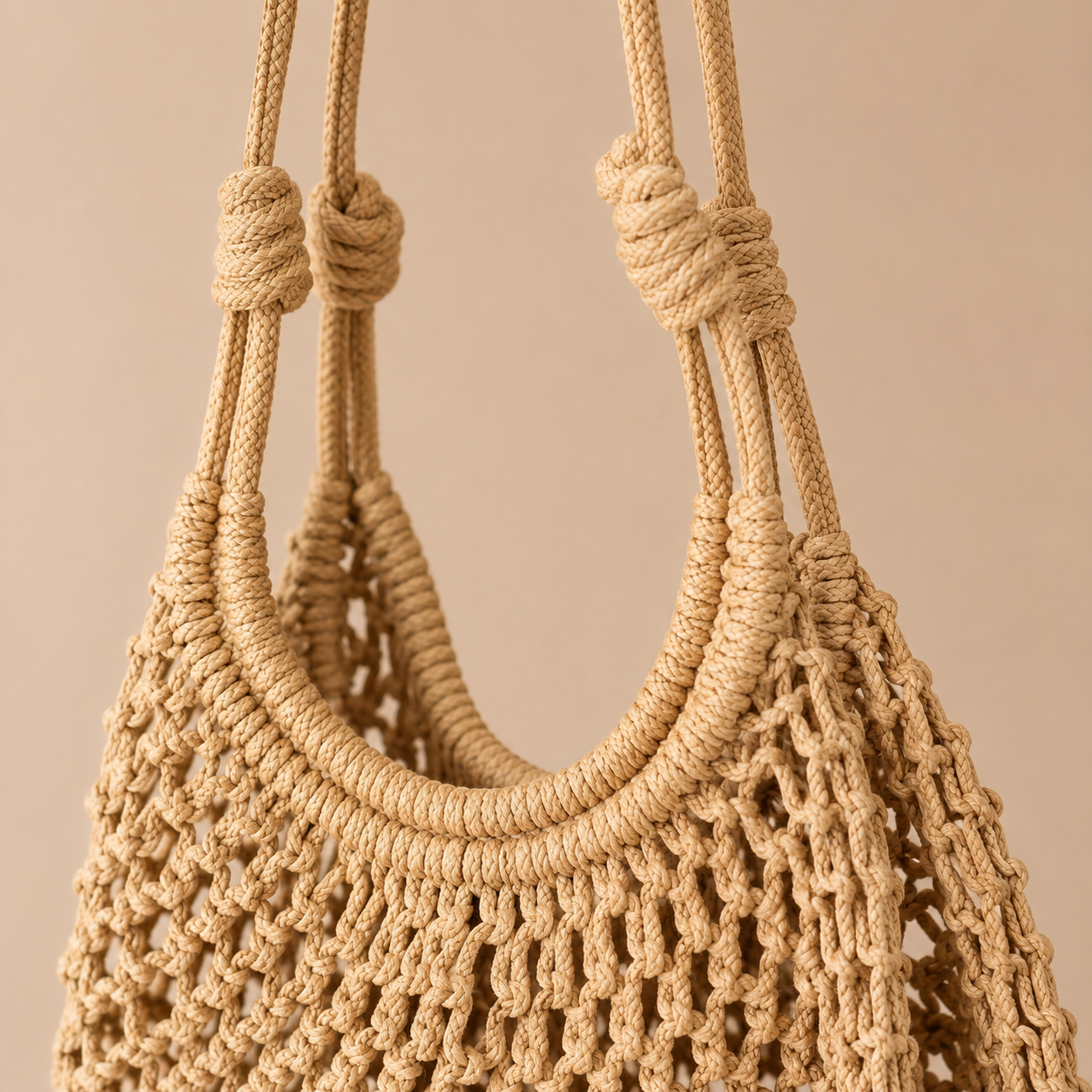 Borsa a Spalla Intrecciata Beige in Corda di Cotone