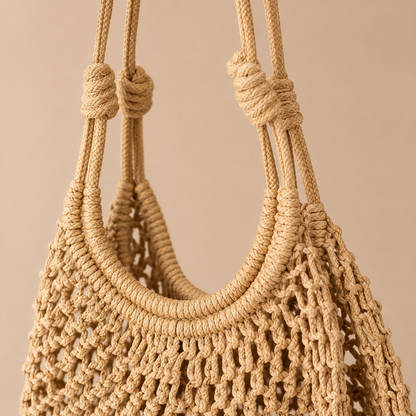 Borsa a Spalla Intrecciata Beige in Corda di Cotone
