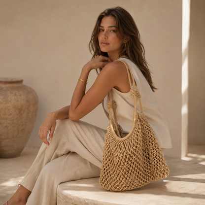 Borsa a Spalla Intrecciata Beige in Corda di Cotone