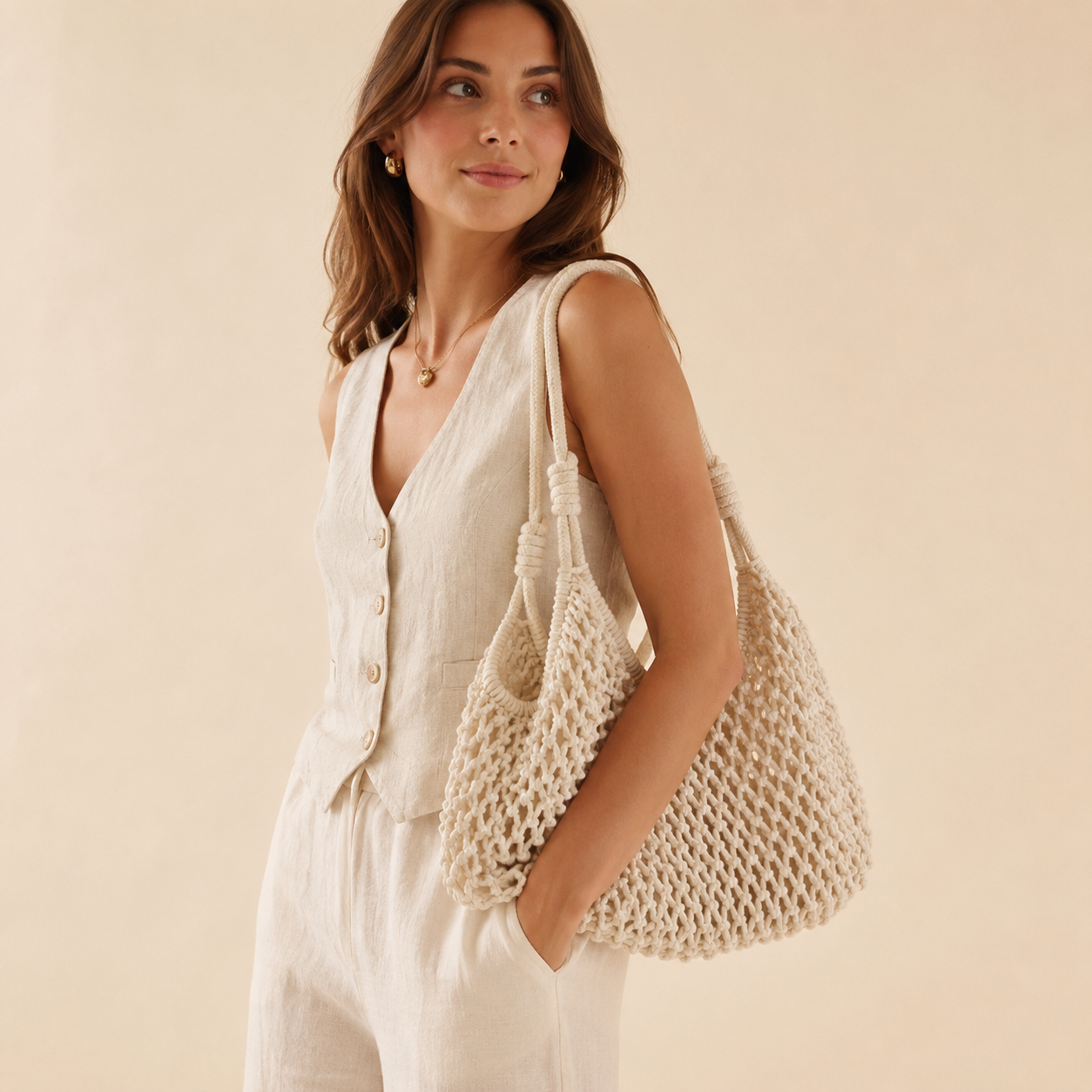 Borsa a Spalla Intrecciata Avorio in Corda di Cotone