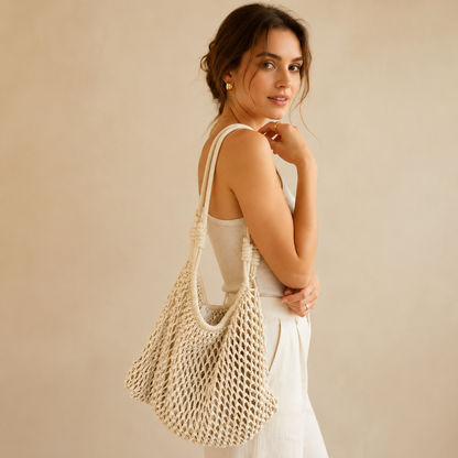 Borsa a Spalla Intrecciata Avorio in Corda di Cotone