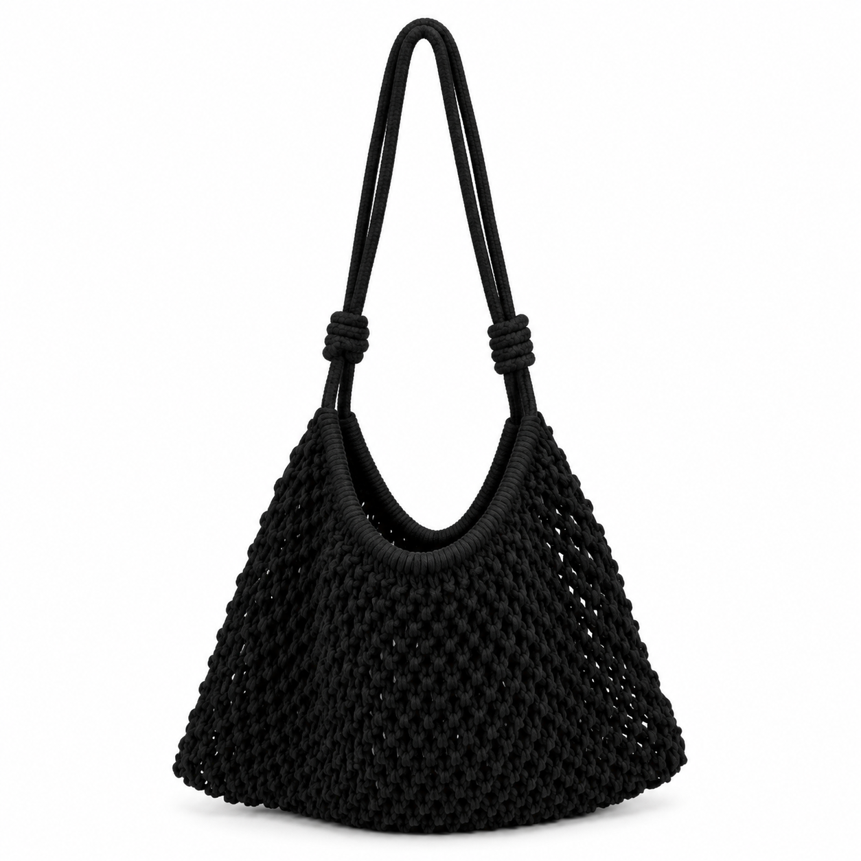 Borsa a Spalla Intrecciata Nera in Corda di Cotone