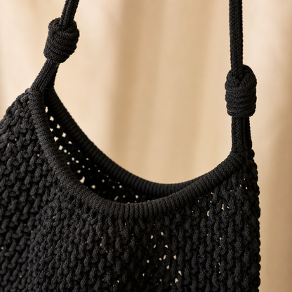 Borsa a Spalla Intrecciata Nera in Corda di Cotone