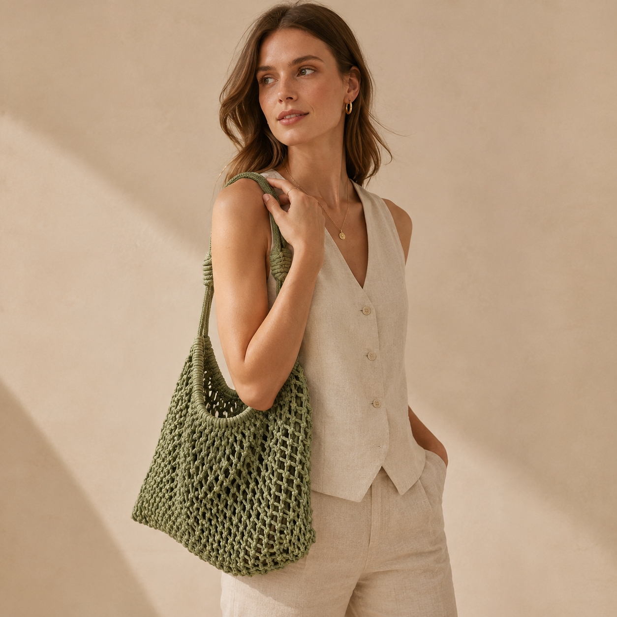 Borsa a Spalla Intrecciata Verde Oliva in Corda di Cotone