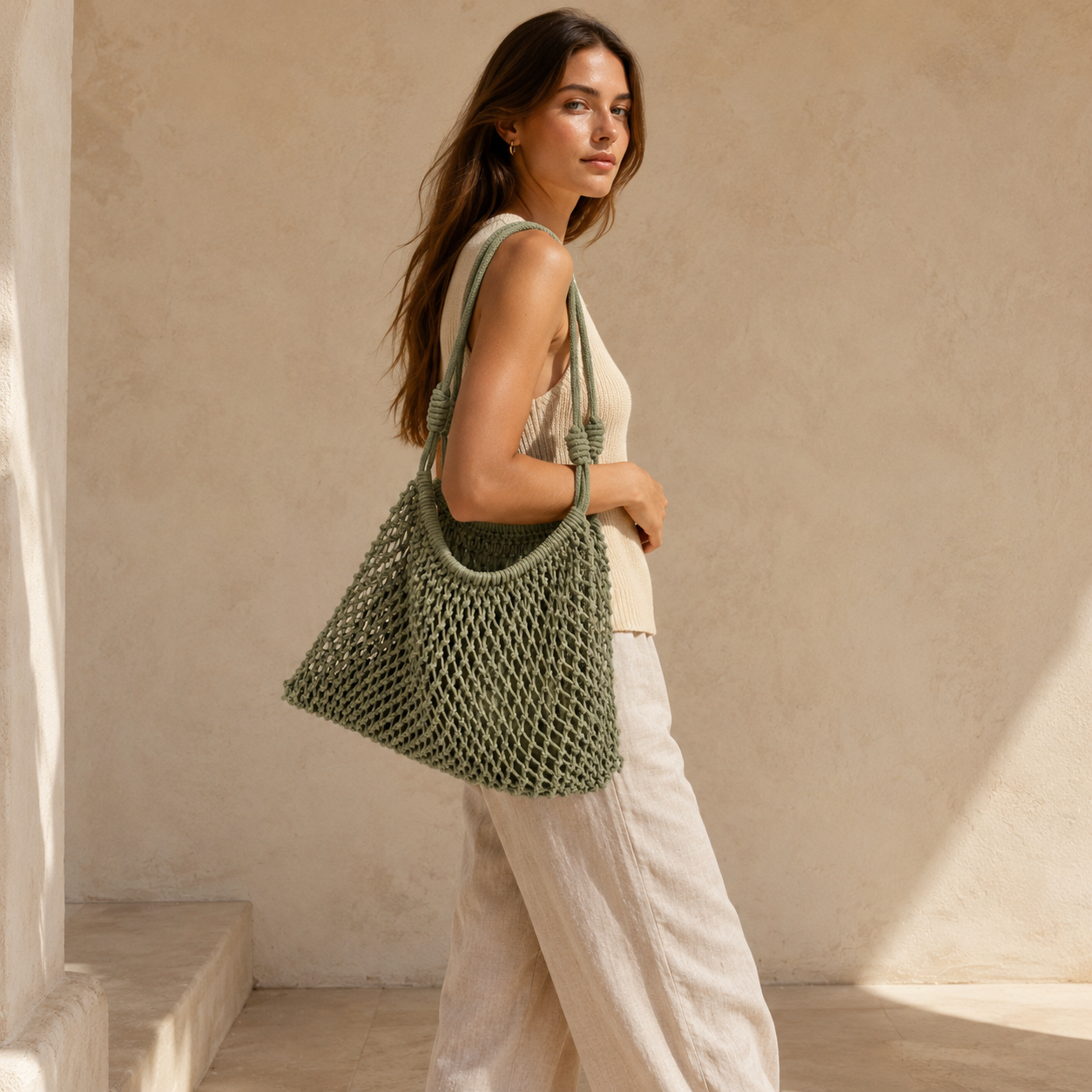 Borsa a Spalla Intrecciata Verde Oliva in Corda di Cotone