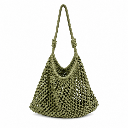 Borsa a Spalla Intrecciata Verde Oliva in Corda di Cotone