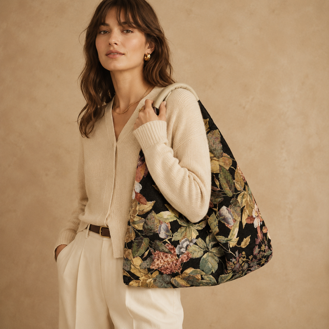 Borsa a Spalla Jacquard Floreale con Manico Rivestito