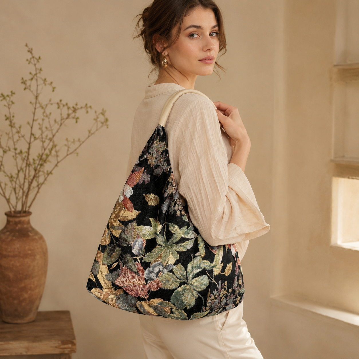 Borsa a Spalla Jacquard Floreale con Manico Rivestito
