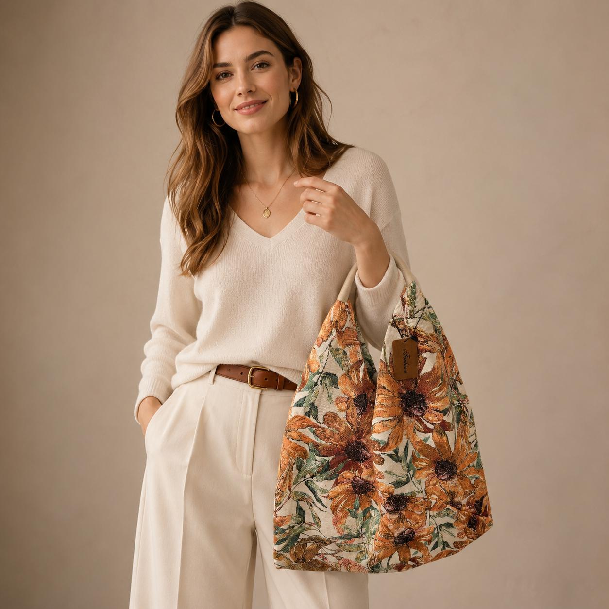 Borsa a Spalla Jacquard Floreale con Manico Rivestito