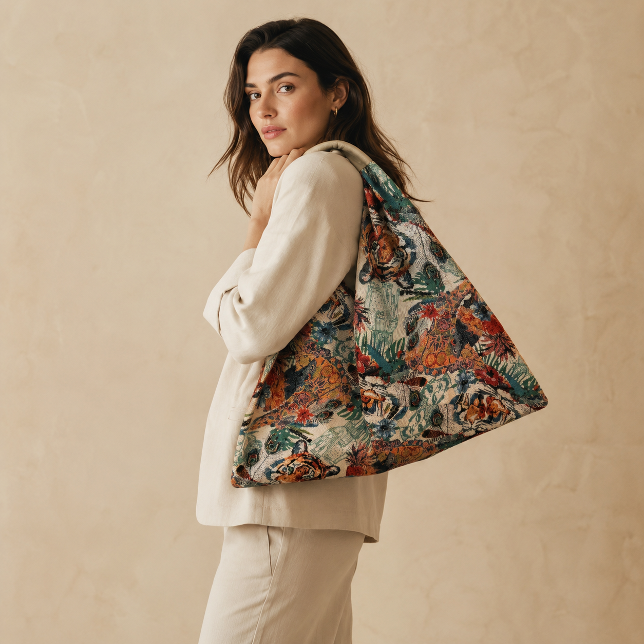 Borsa a Spalla Jacquard Fantasia Multicolore con Manico Rivestito