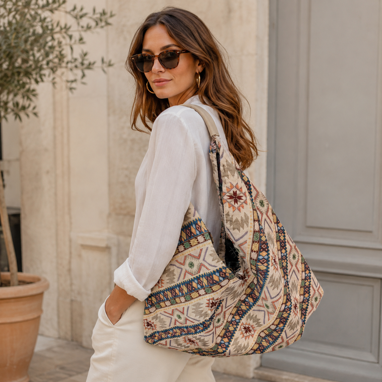 Borsa a Spalla Jacquard con Fantasia Geometrica