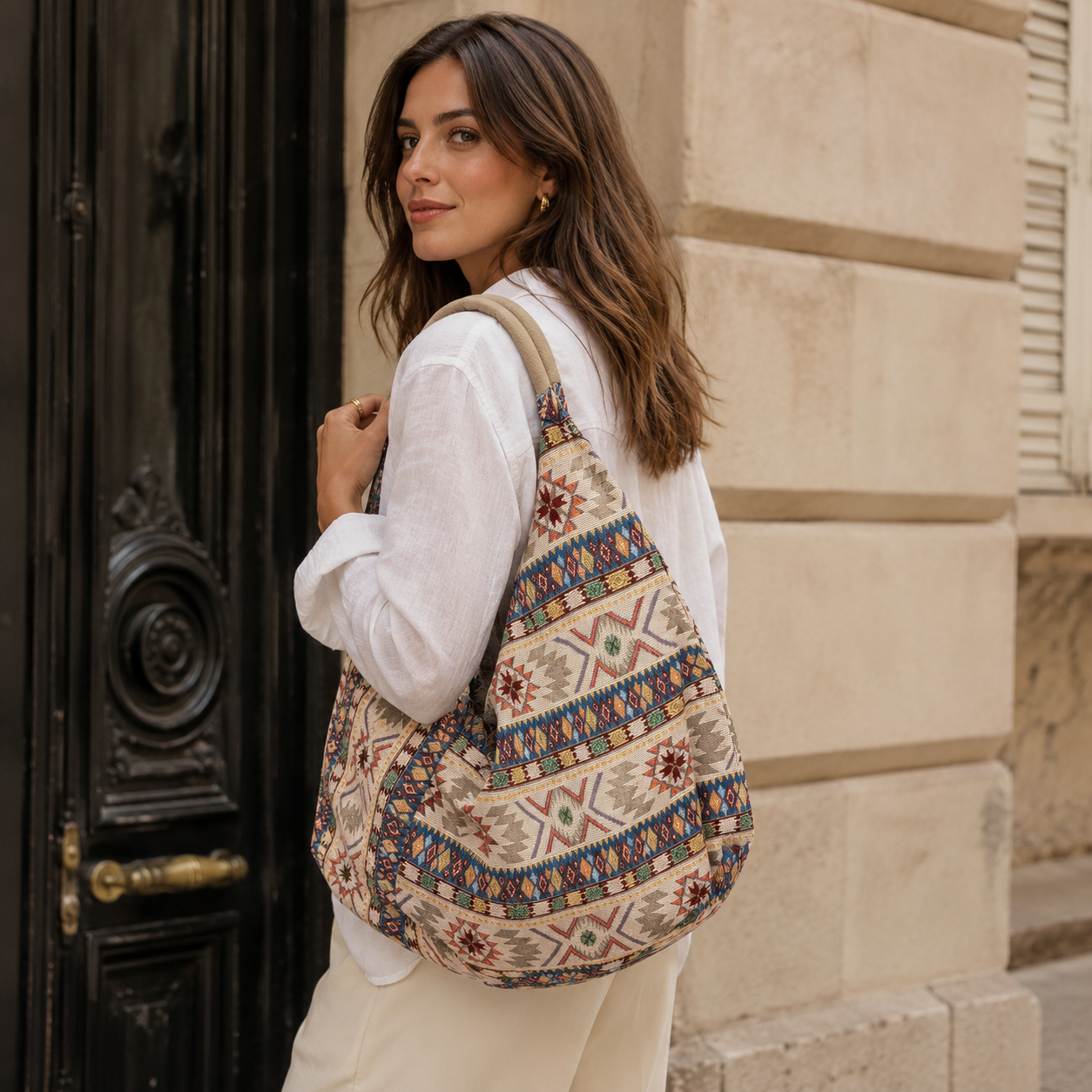 Borsa a Spalla Jacquard con Fantasia Geometrica
