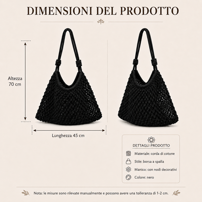 Borsa a Spalla Intrecciata Nera in Corda di Cotone