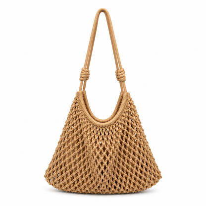 Borsa a Spalla Intrecciata Beige in Corda di Cotone