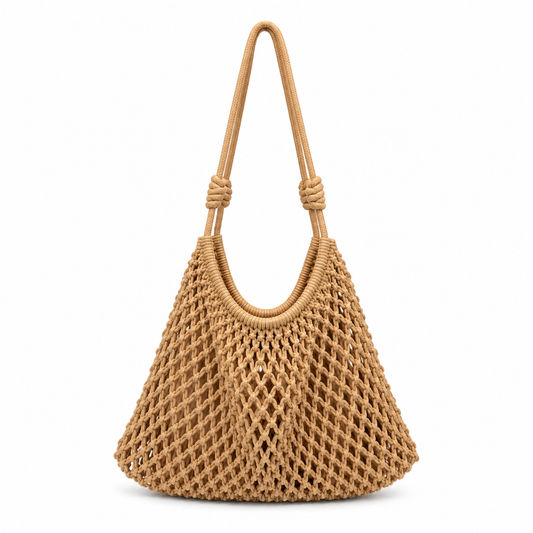 Borsa a Spalla Intrecciata Beige in Corda di Cotone