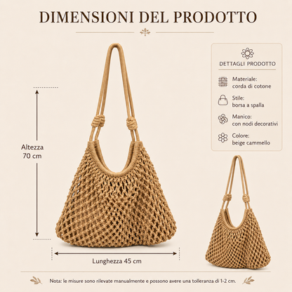 Borsa a Spalla Intrecciata Beige in Corda di Cotone